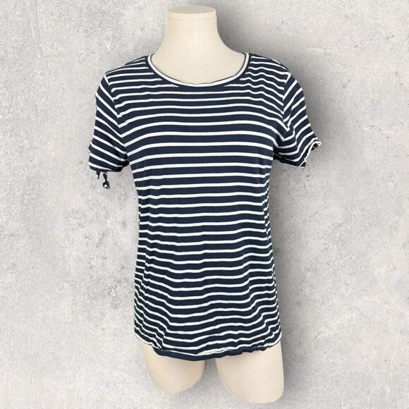NAUTICA Navy and White Striped Crewneck Tee with Tie Sleeves | Size Large - Picture 1 of 4